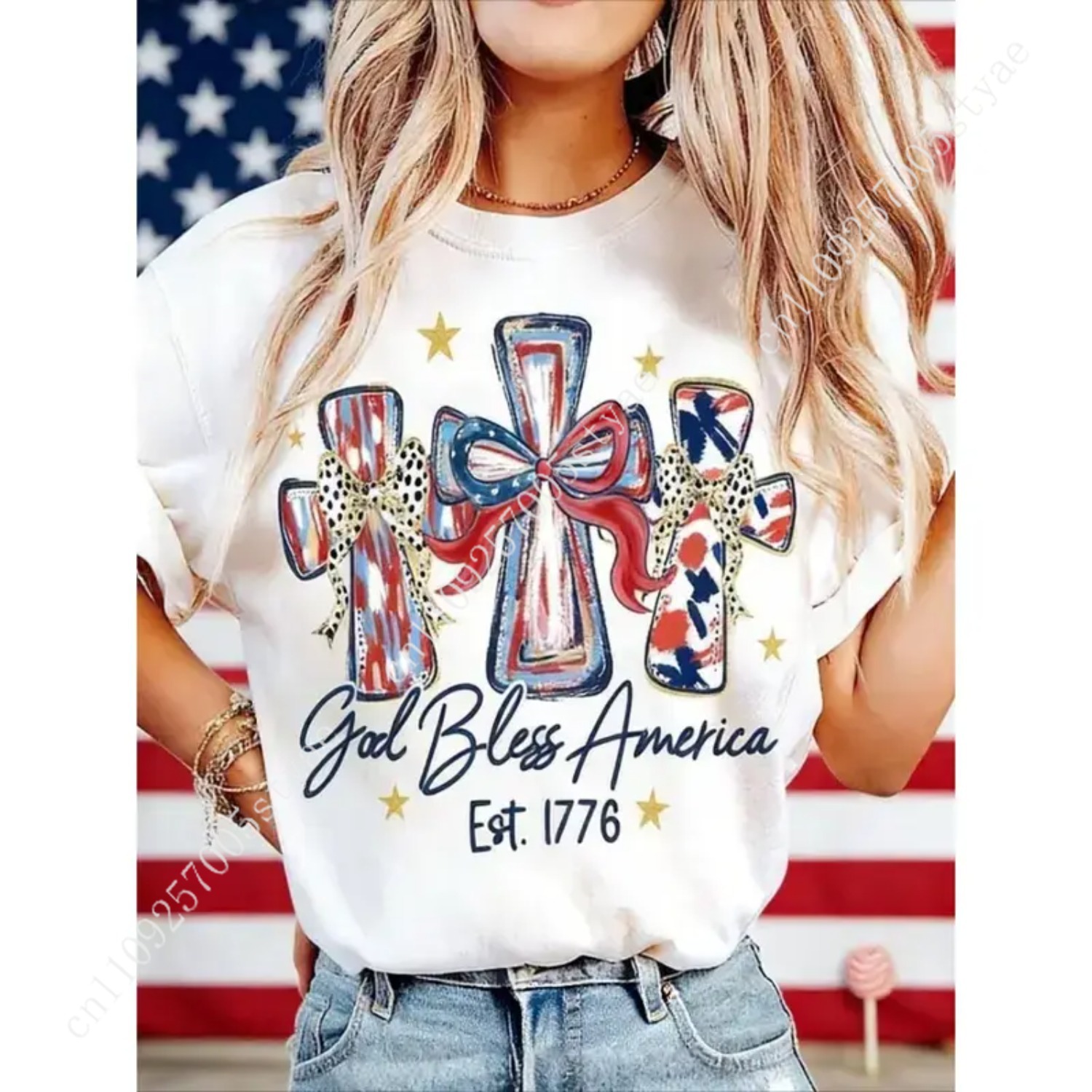 God Bless America Women T-shir - Quilt Cotton Summer 评论和价格
